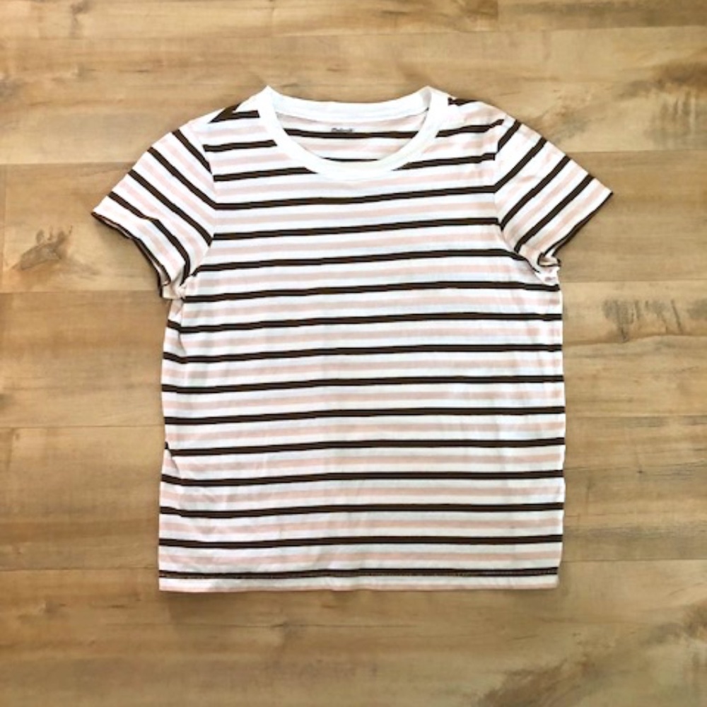 Madewell t-shirt short sleeve white with brown and pink stripes Medium